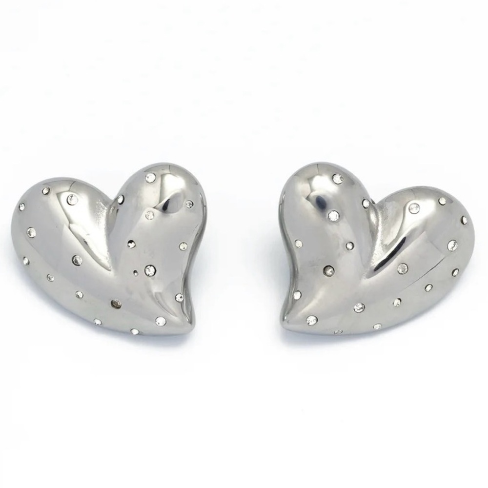 Silver Large Puffy Heart CZ Heart Earrings (7024)